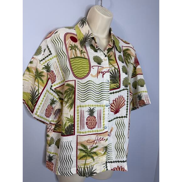 C&C California Linen Tropical Print Short Sleeve Shirt Women's M New - Picture 12 of 13